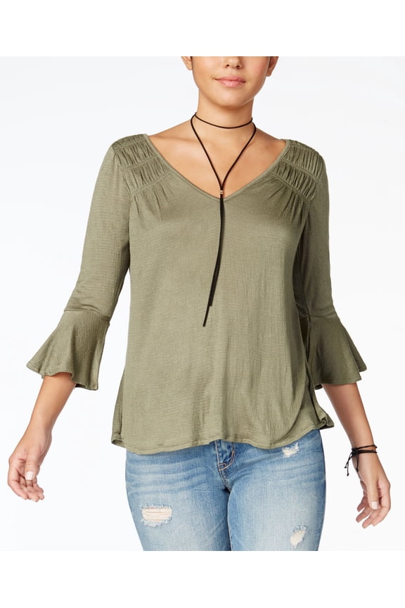 Juniors Ruched Bell Sleeve Blouse Olive 2XL