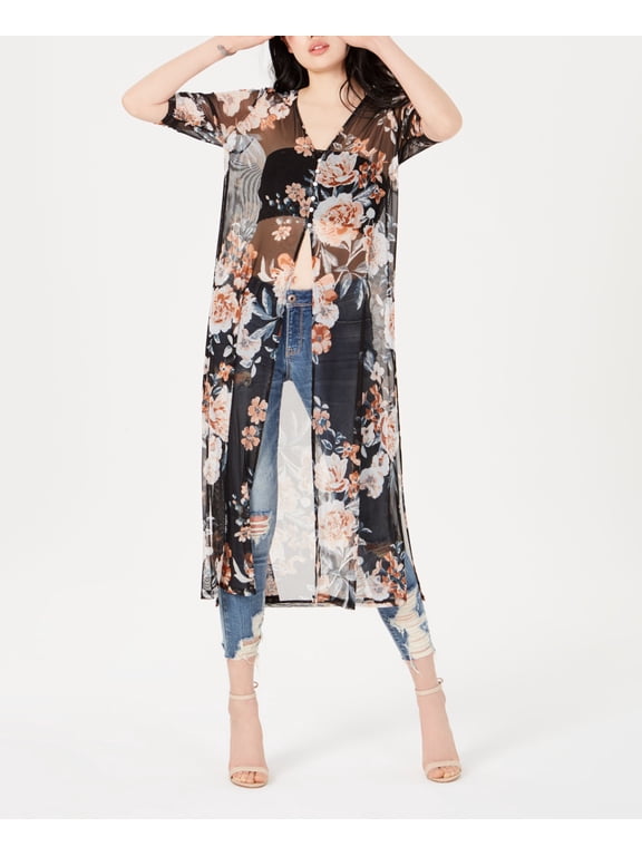 Juniors Ruched Sheer Duster Top Black Combo XL