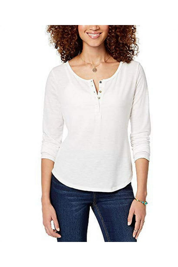 Juniors' Ruffled-Back Henley Top (Egret, L)