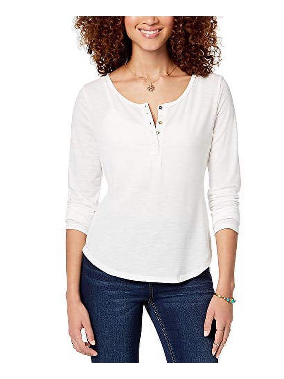 Juniors' Ruffled-Back Henley Top (Egret, L)