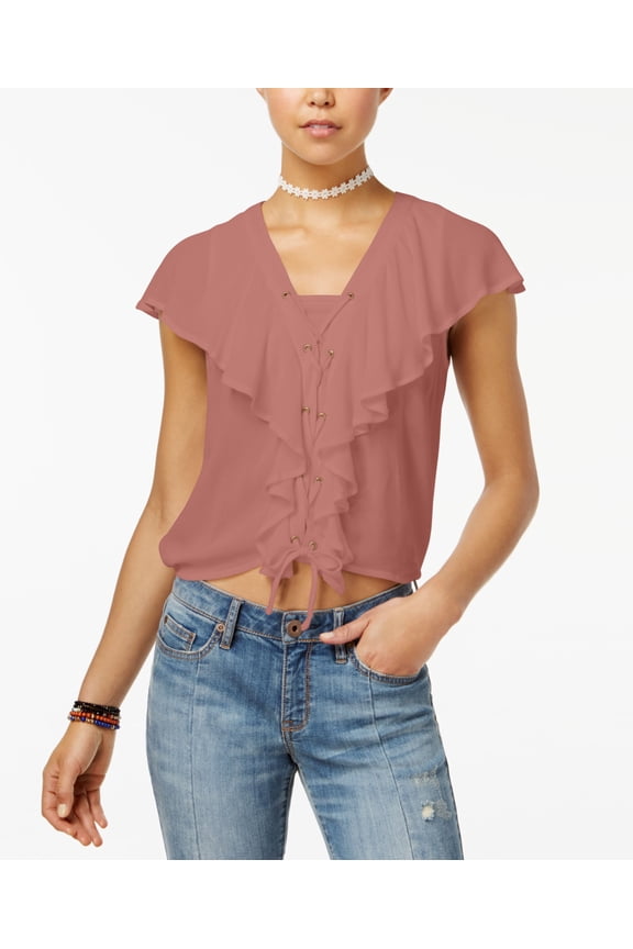 Juniors Ruffled Crop Top Tan S