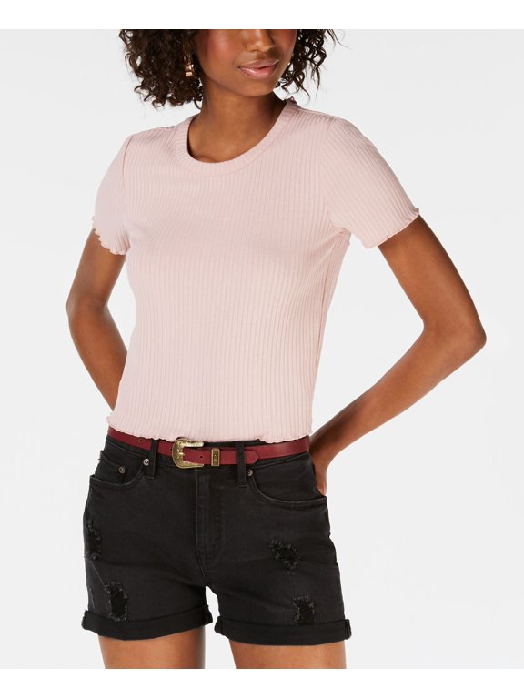 Juniors Scalloped Lace Up T-Shirt Soft Mauve L