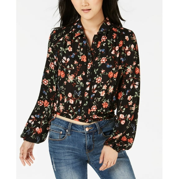 American Rag Juniors Smocked Floral Print Shirt Black Combo XS