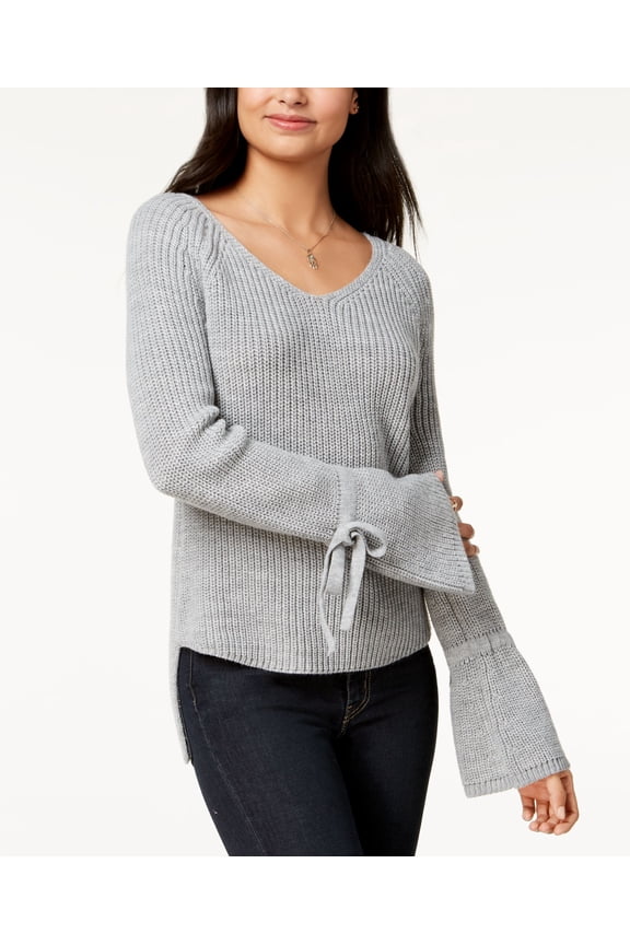 Juniors Tie Trim Bell Sleeved High Low Sweater Light Heather Gray S