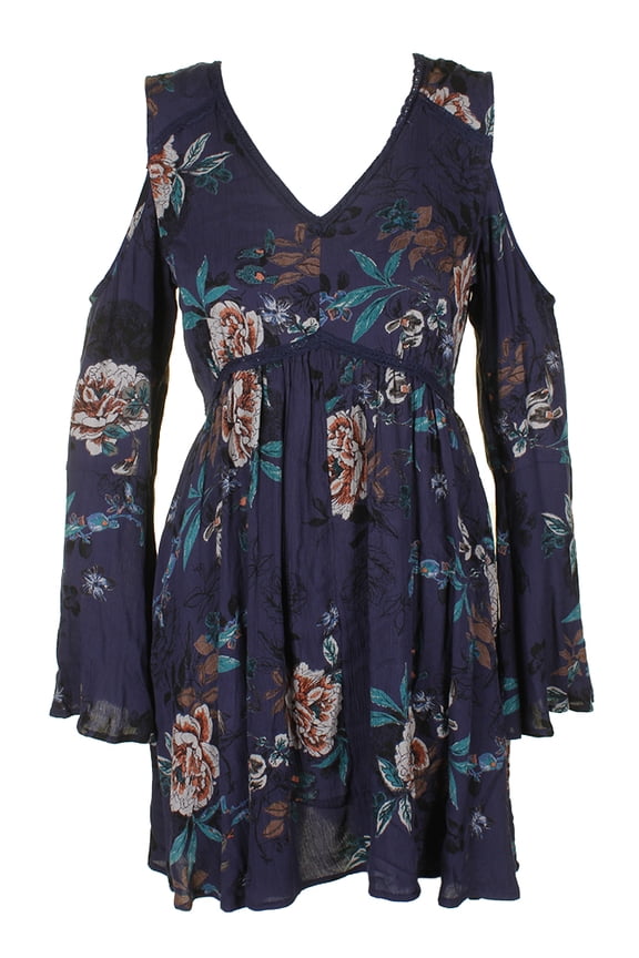 Juniors Twilight Blue Flower Print Cold-Shoulder Fit & Flare Dress