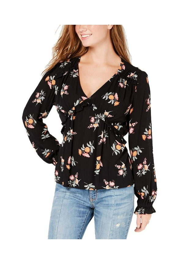 Juniors V Neck Ruffled Babydoll Top Black Combo S