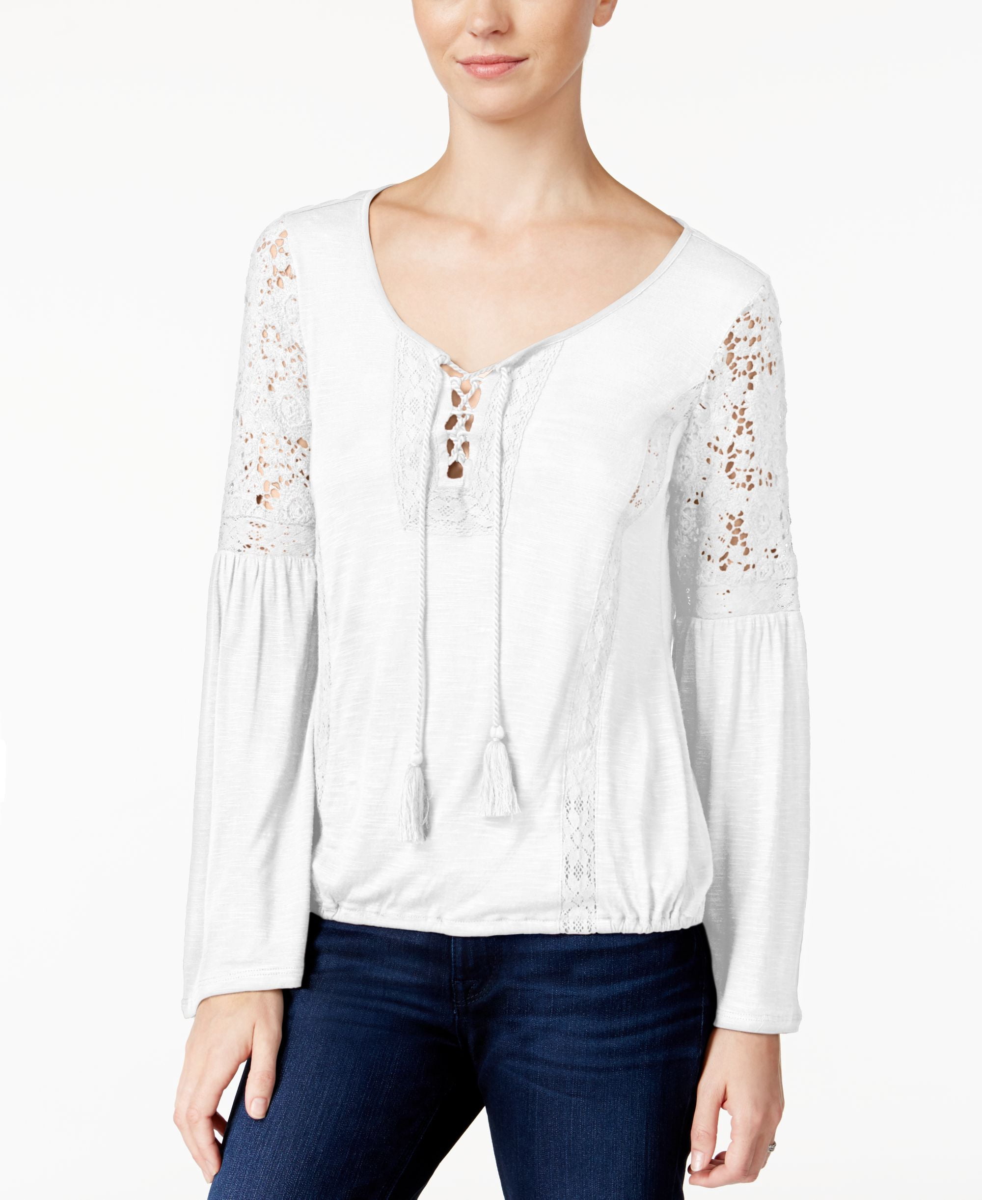 American Rag Lace-Up Bell-Sleeve Peasant Top (Off White, XXS) - Walmart.com