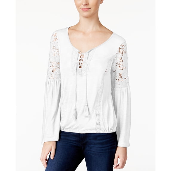 American Rag Lace-Up Bell-Sleeve Peasant Top (Off White, XXS)