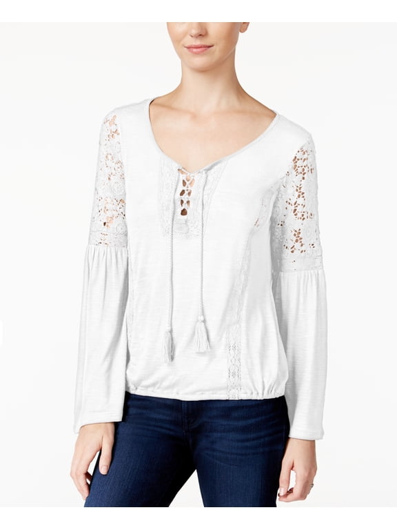 Lace-Up Bell-Sleeve Peasant Top (Off White, XXS)