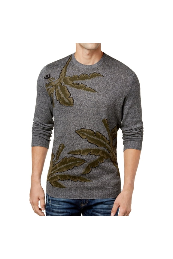 Mens Palm Intarsia Knit Pullover Sweater, Grey, Large