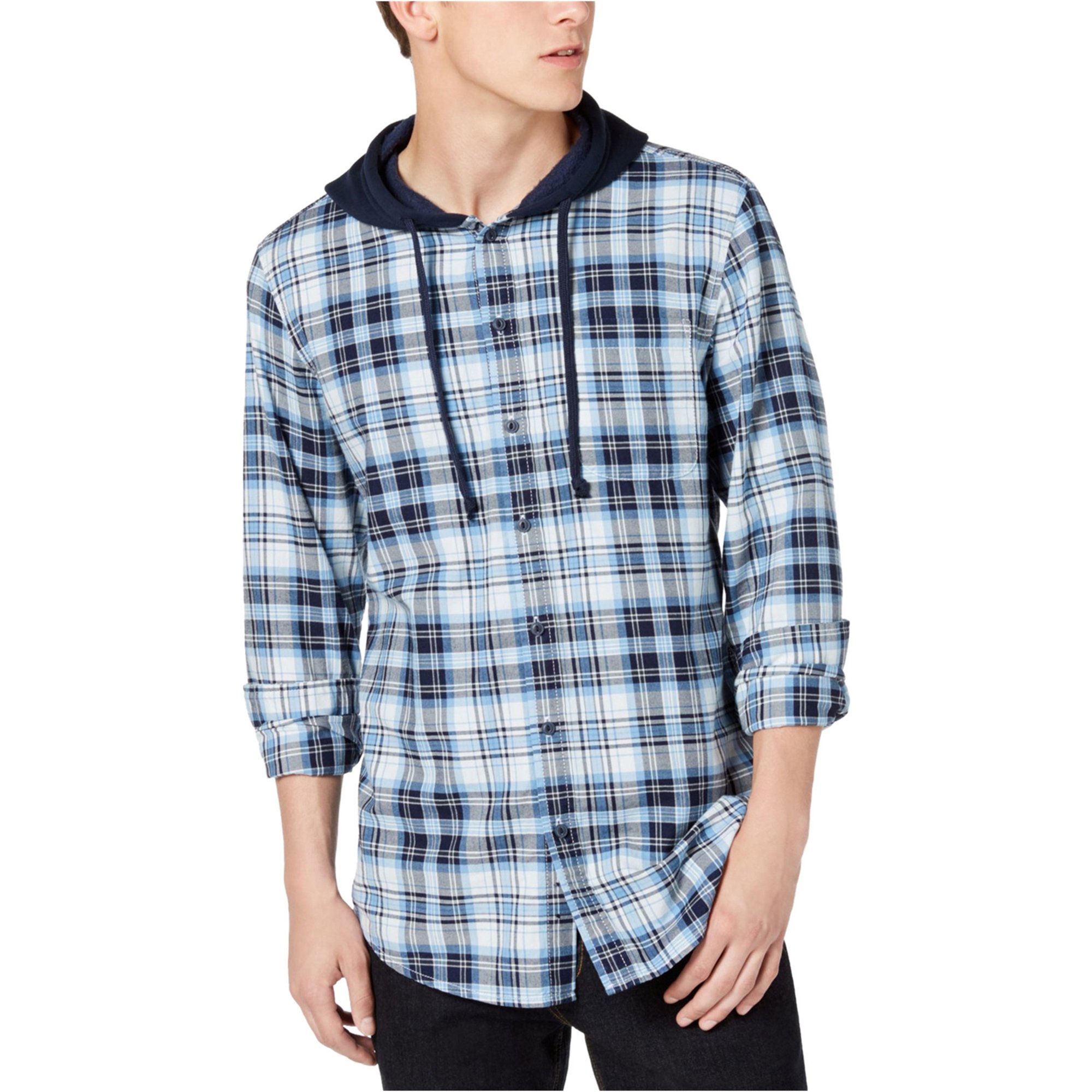 American Rag Mens Plaid Hooded Button Up Shirt, Blue, Small - Walmart.com