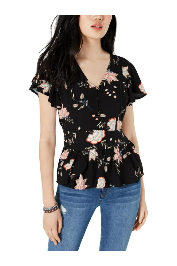 Womens Button Front Open Stitch Peplum Top Black M