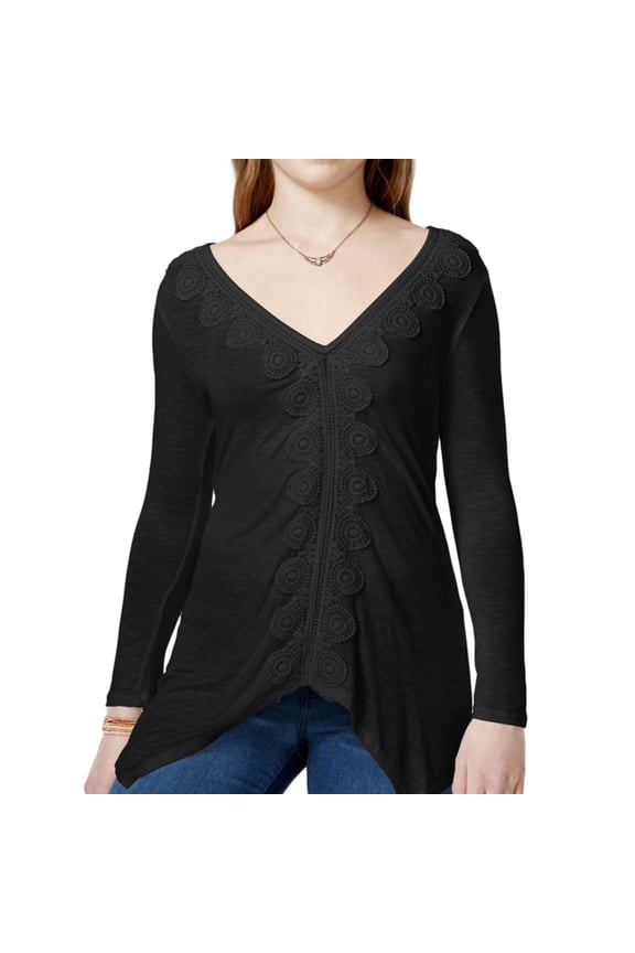 Womens Crochet V-Neck Pullover Blouse, Black, XX-Small