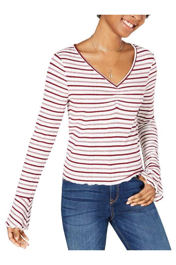 Womens Juniors Striped Lace Back Pullover Top Red XL