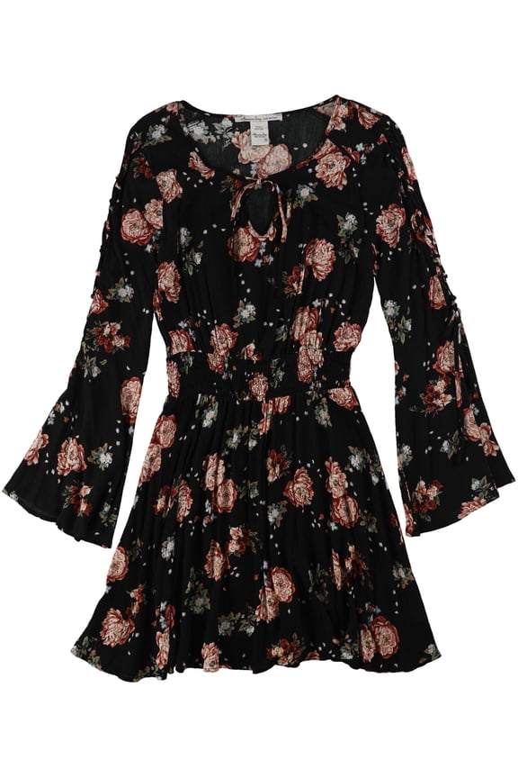 Womens Lace- Up Bell Sleeve A-line Dress, Black, Juniors, X-Small