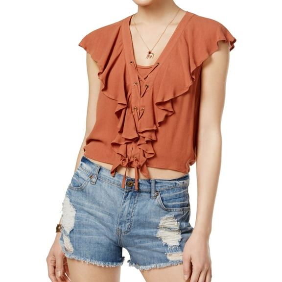 American Rag Womens Ruffled Knit Blouse, Brown, Juniors, Small