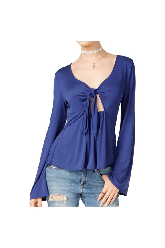 Womens Tie Front Knit Blouse, Blue, Juniors, Small