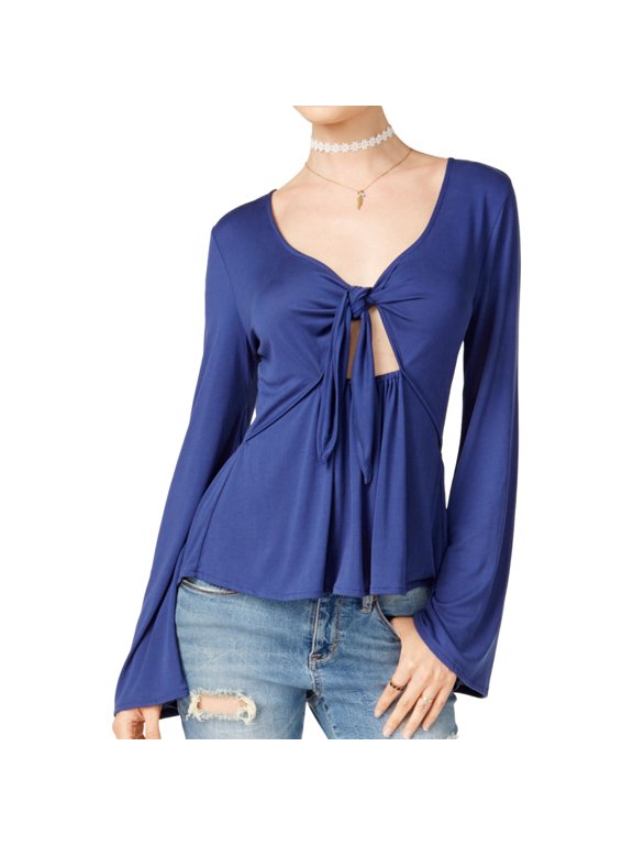 Womens Tie Front Knit Blouse, Blue, Juniors, Small