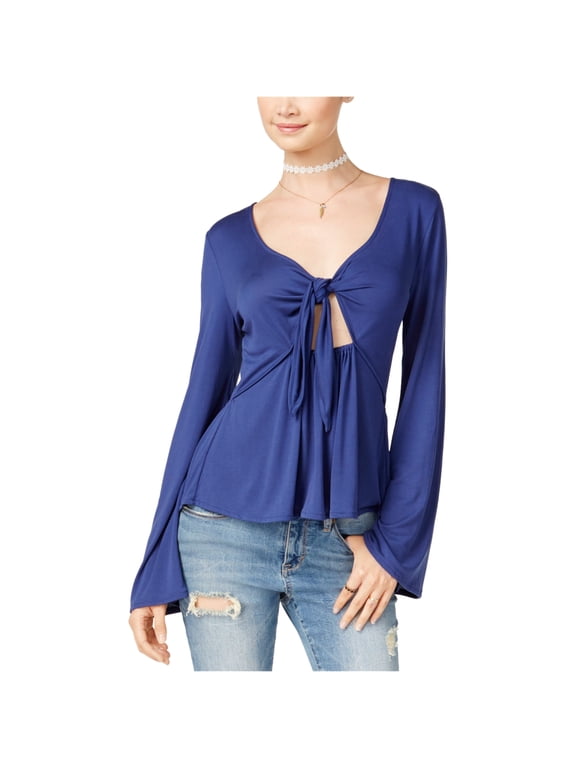 Womens Tie Front Knit Blouse, Blue, Large