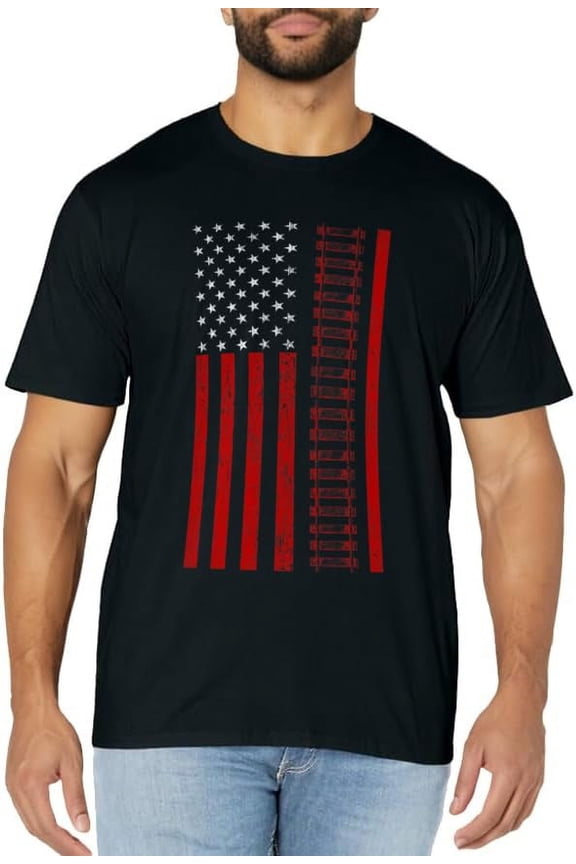 American Railroad Worker Flag With Train Tracks Distressed T-Shirt