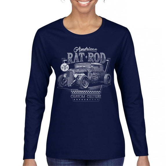 American Rat Rod Women's Long Sleeve T-shirt Hot Rod Custom Culture Route 66 1930s Classic Car Vintage Rusty Cars Garage