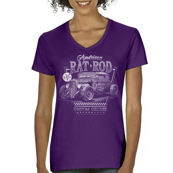 American Rat Rod Women's V-Neck T-shirt Hot Rod Custom Culture Route 66 1930s Classic Car Vintage Rusty Cars Garage Tee