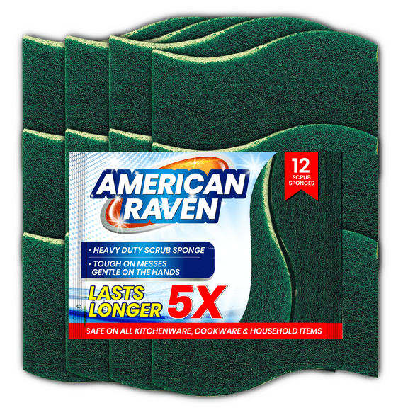 American Raven Heavy Duty Multi-Purpose Scrub Sponge - 12 Count, Kitchen Cleaning Dish Scrub Sponge and Scouring Pad, Effortless Cleaning Scrub Pads for Dishes