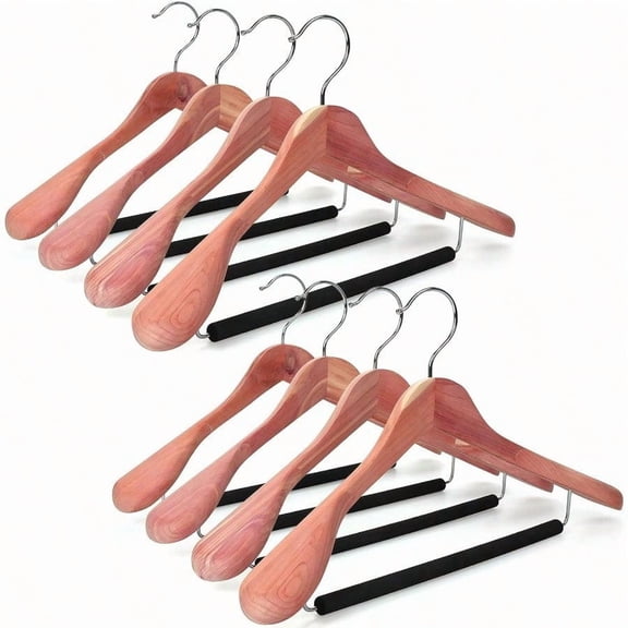 American Red Cedar Wide Shoulder Wooden Hangers 8 Pack Luxury Wood Suit Coat Hangers With Black Padded Pant Bar360 Swivel Chrome Hook Natural CT07W8