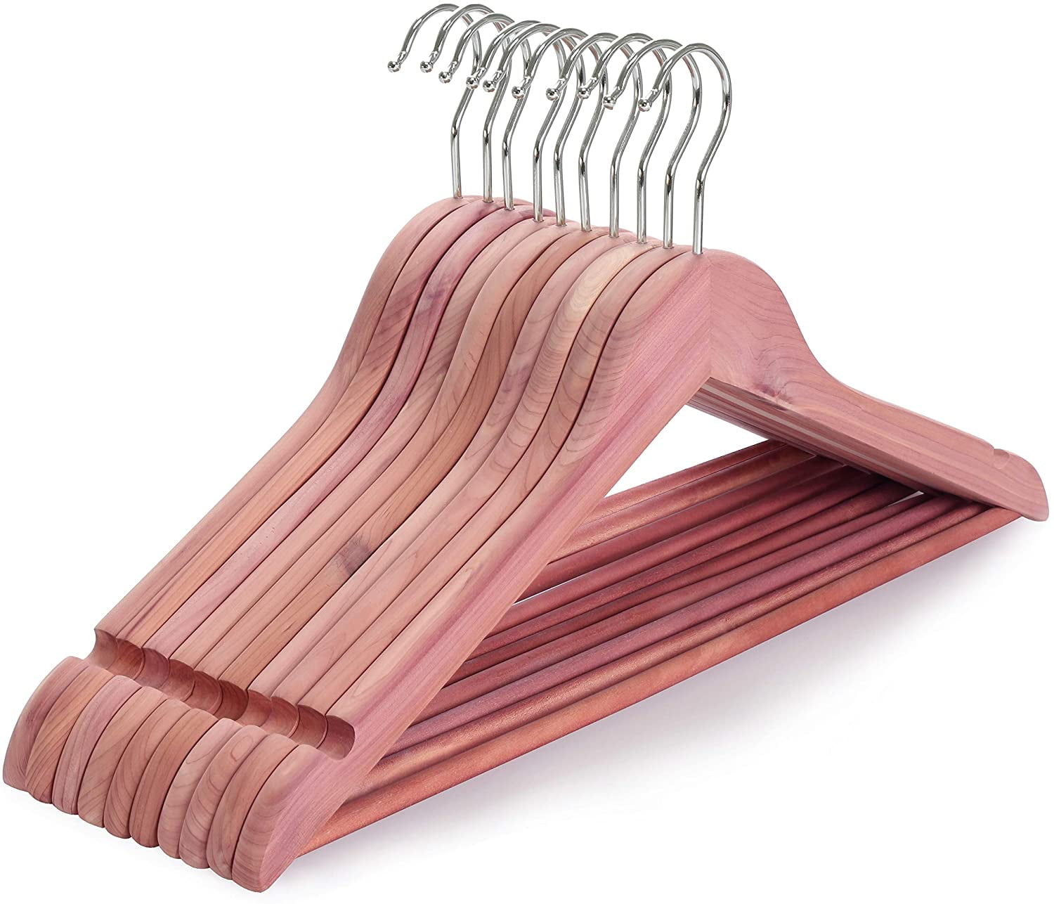 American Red Cedar Wooden Hangers, Clothes Hangers for Closet, Wood Coat Hanger with Smooth Cut Notches, 360°Flexible Hook, Non-Slip Pants Bar,10 Pack-CT07C