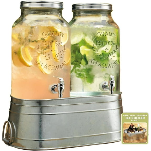 American Reproductions Two (2) 1.5 Gallon Each Quality Ice Cold Clear Glass Mason Jug Beverage Drink Dispensers Galvanized Metal Display Stand/Ice Bucket-Easy Filling For Outdoor, Parties & Daily Use