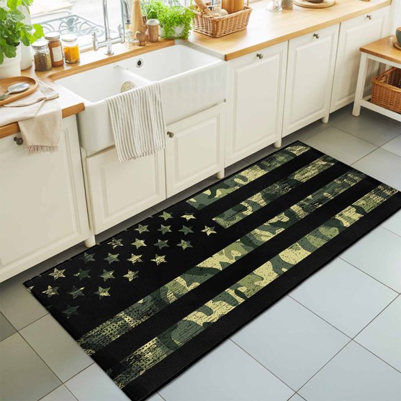 American Retro Stars and Stripes Flag Rectangle Area Rug 2x6ft,Living Room Rug Non-Slip Washable Circle Rugs Pad,Forests Army Camouflage Soft Floor Carpet for Bedroom Dining Room