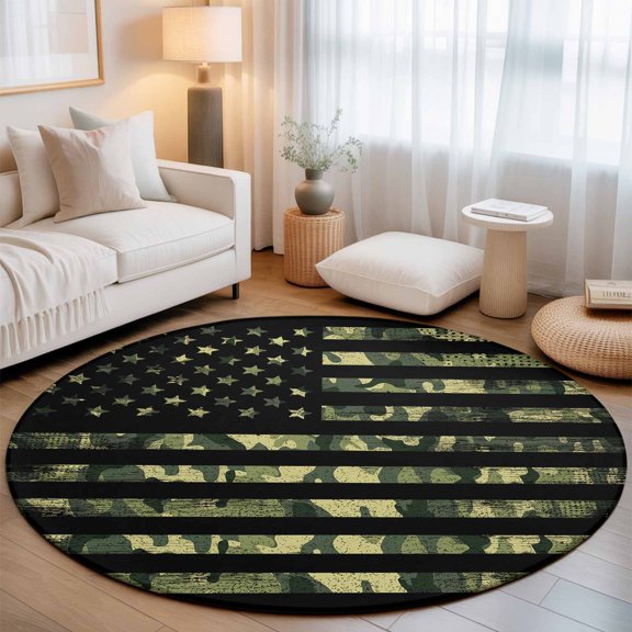 American Retro Stars and Stripes Flag Round Rug 5ft Forests Army Camouflage Washable Area Rugs for Living Room Bedroom Entryway Non Slip Entrance Door Mat Indoor Floor Carpet
