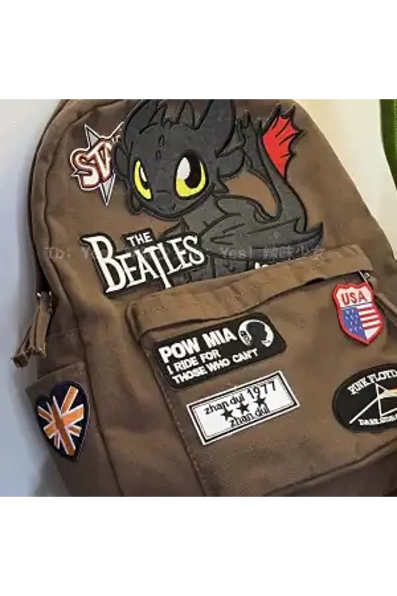 American Retro Style Godzilla Little Monster Backpack Drape Trendy Hip Hop School Bag,Brown