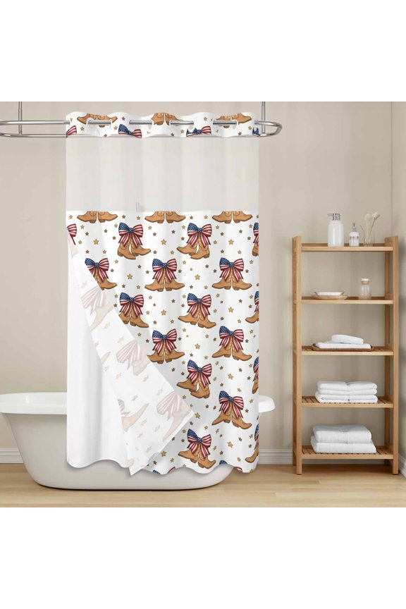 American Retro Style No Hook Shower Curtain with Snap in Liner, Western Cowboy Boots Usa Flag Bow Stars Waterproof Shower Curtains with See Through Top Window Liner for Bathroom, 36x78 Inches