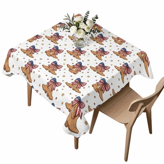 American Retro Style Square Tablecloth Western Cowboy Boots Usa Flag Bow Stars Waterproof Wrinkle Free Soft Table Cloth Spill-Proof Washable Table Cover for Dining Party Picnic 54 x 54 Inch