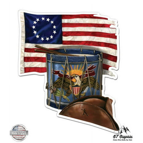 American Revolution Betsy Ross Patriot Drum - 3" Vinyl Sticker - For Car Laptop I-Pad Phone Helmet Hard Hat - Waterproof Decal