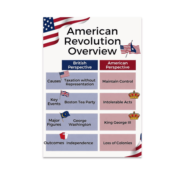 American Revolution Overview Comparison Chart - History Enthusiast - 13x19 Poster Print