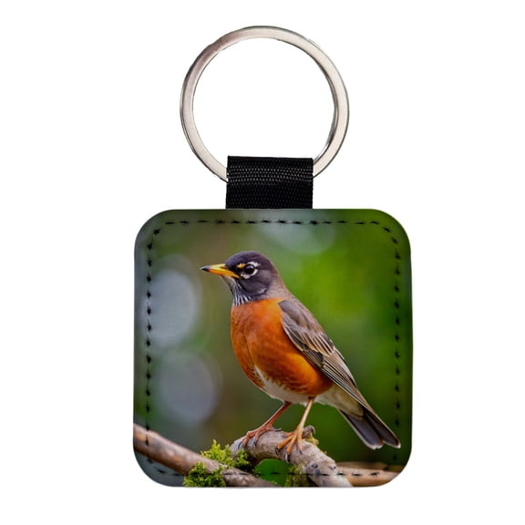 American Robin Backyard Bird Faux Leather Square Keychain