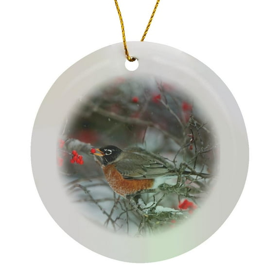 3drose, American Robin Eating Berry in Common Winterberry Bush in Winter, Circle Porcelain Ornament