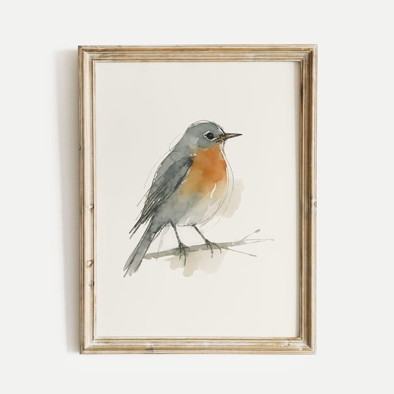 American Robin Wall Art Red Songbird Wall Art Ink and Wash Nature Decor Spring Floral Bird Gift for Home and Office Unframed Paper Print