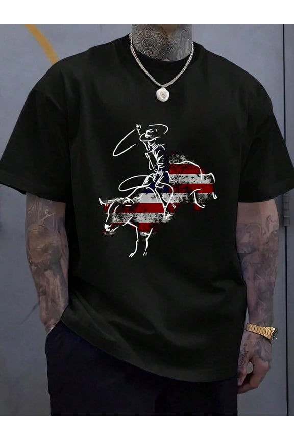 American Rodeo Bull Riding Retro Grunge USA Vintage Flag T-Shir - 100% Cotton Summer Tops Graphic Tees, Men T Shirts, Casual Short Sleeve Crew Neck T-Shirt For Spring & Summer