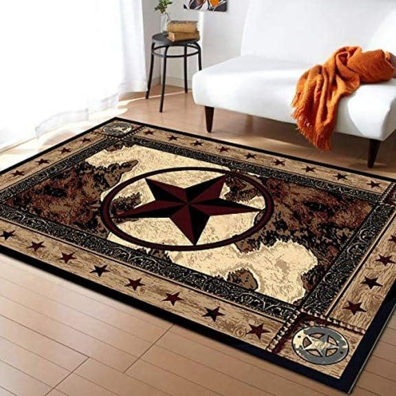 American Rustic Western Texas Star Living Room Carpet, Modern Brown Area Rug, Non-slip Ultra Soft Easy Clean Machine Washable Rug for Bedroom Farmhouse Entryway Hallway Office 2x3ft