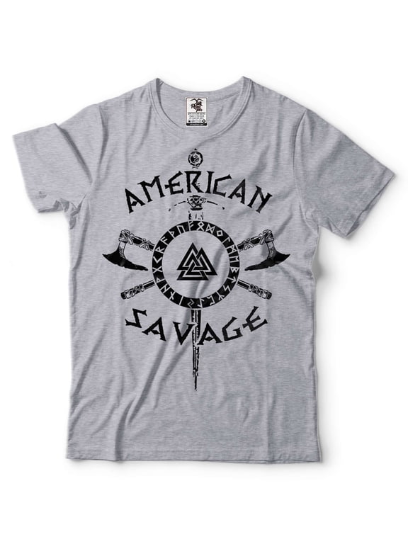 American Savage Shirt American Viking Shirt Viking Gift Viking Warrior Norway Norse Mythology Tee (Small Grey)