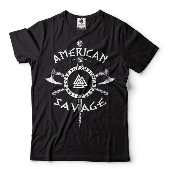 American Savage Shirt American Viking Shirt Viking Gift Viking Warrior Norway Norse Mythology Tee (X-Large Black)