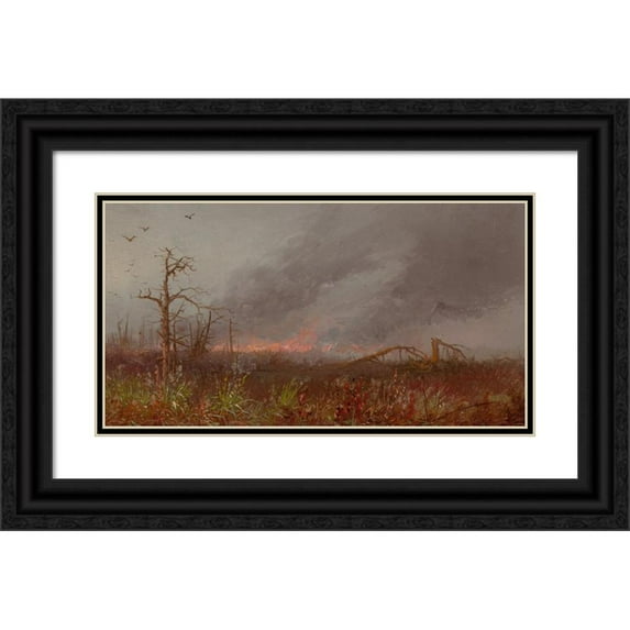 American School 18x11 Black Ornate Wood Framed Double Matted Museum Art Print Titled - Forest Fire (circa 1870-80)