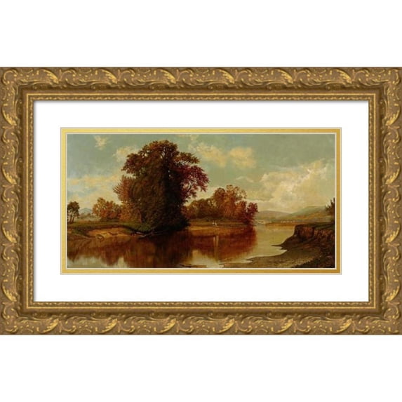 American School 24x14 Gold Ornate Framed and Double Matted Museum Art Print Titled - River Vista with Covered Bridge (19th Century)
