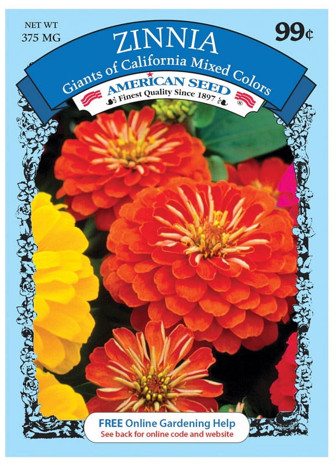 American Seed 375MG Zinna Giants of California Mixed Colors Flower