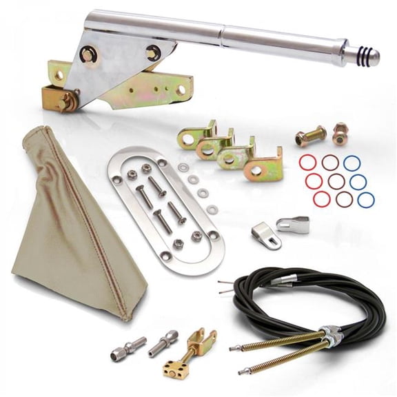 American Shifter 334267 Floor Mount E-Brake Handle Tan Boot, Chrome Ring & Cable Kit for GM Clevis
