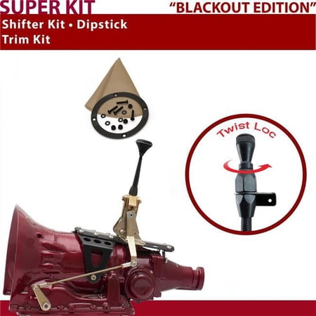 American Shifter 4L60E Shifter Kit 6 in. Trim Kit Dipstick Black Push Button Tan Boot Ringed Knob for D442D