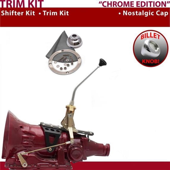 American Shifter 4L80E Shifter Kit Chrome 10 in. Trim Kit Push Button Cap Gray Boot Billet Knob for EF4CF